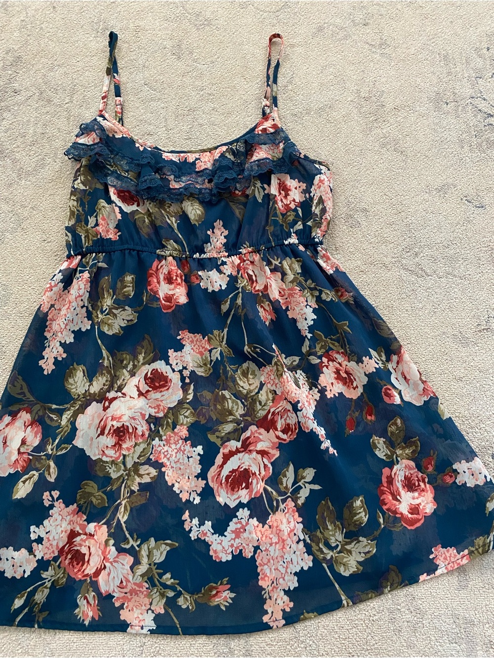 Y2K Floral Babydoll Cami Top Small Ruffle Lace Navy Blue Pink Chiffon Vintage